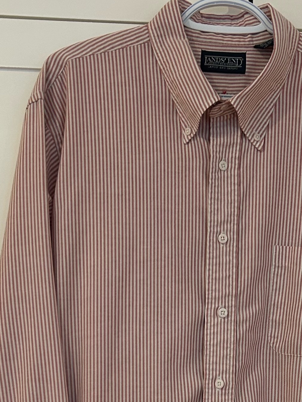 Lands' End Tall Men’s Button-Down Shirt Size 18/36 Red White Striped Long Sleeve